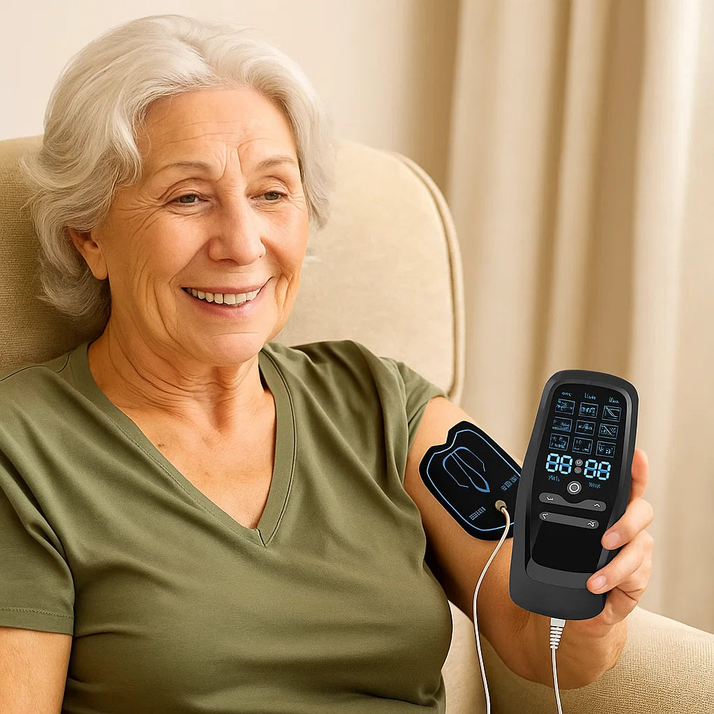 Senior woman using portable EMS TENS massager for shoulder comfort