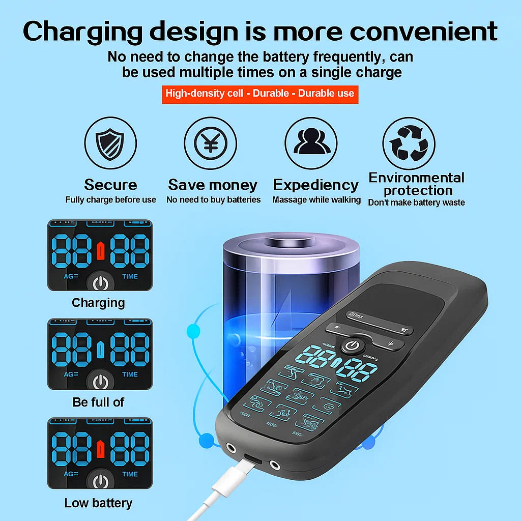 USB rechargeable EMS TENS machine – portable muscle stimulator charging information
